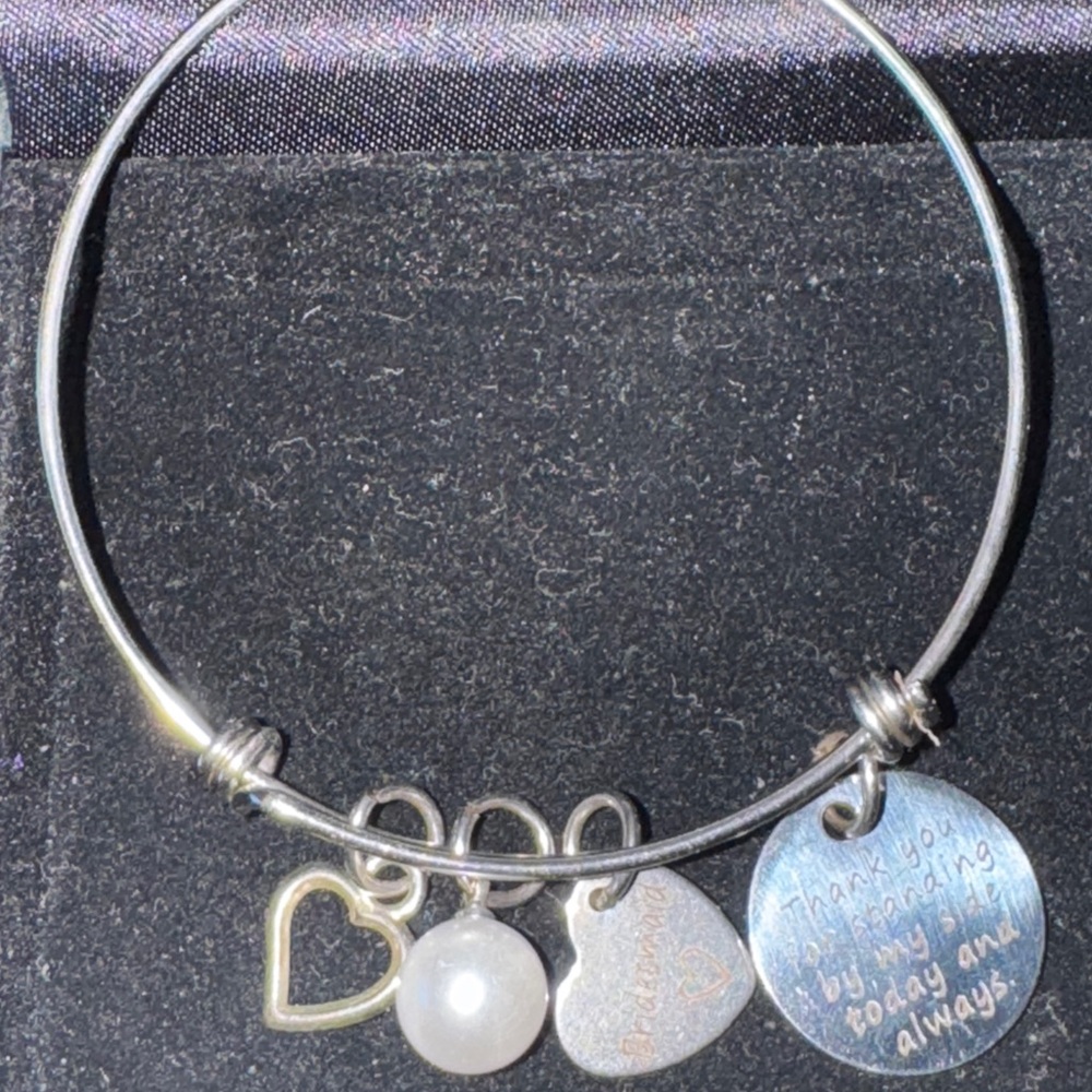 Silver Charm Bracelet Heart Pearl Accents Bridesmaid Thank you for standing by